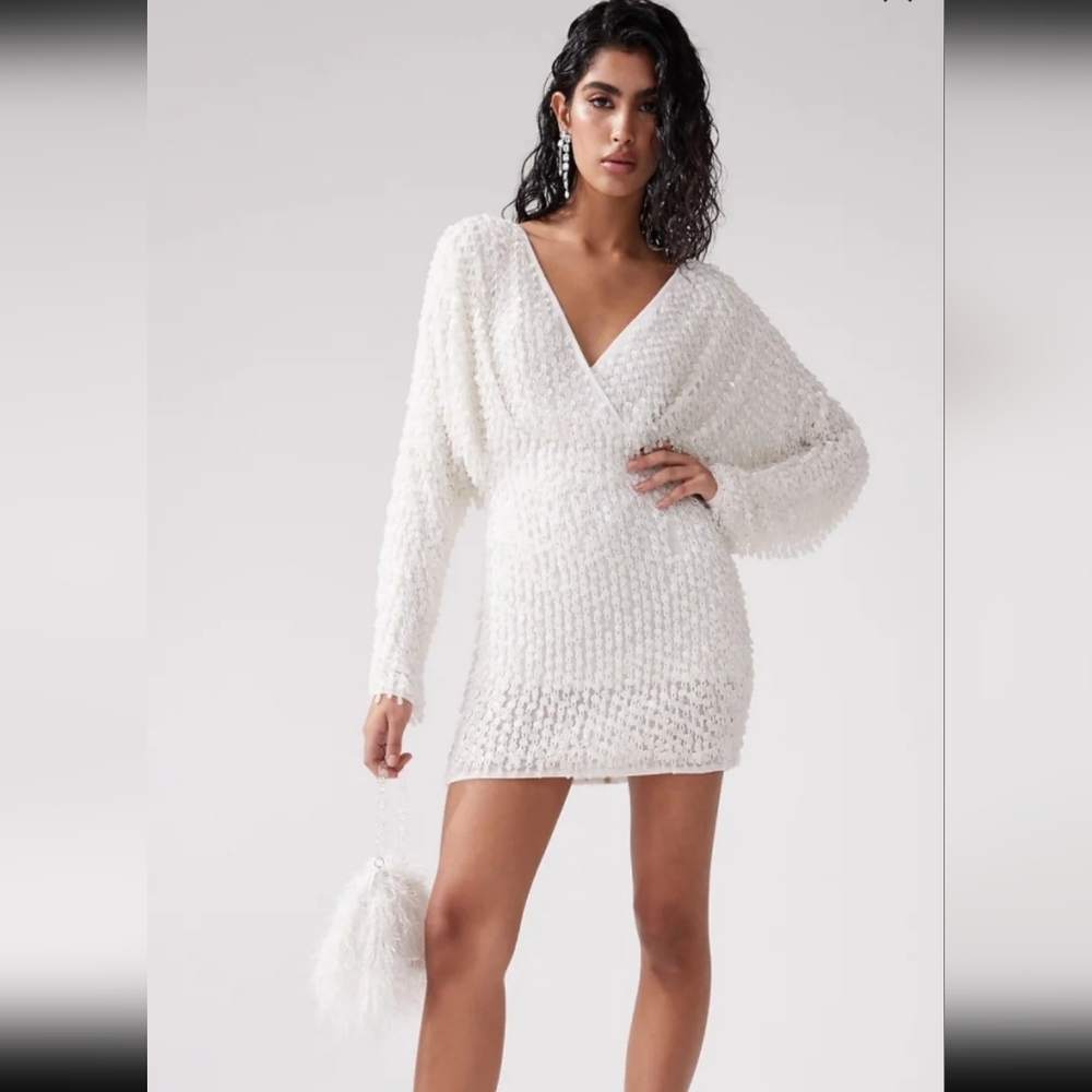 ASOS White Textured V-Neck Long Sleeve Mini Dress
